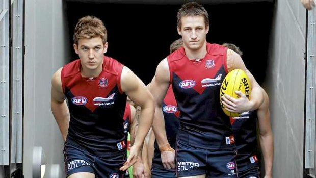 Jack Grimes (right), with former co-captain Jack Trengove, awaits Paul Roos' decision on the Melbourne captaincy.