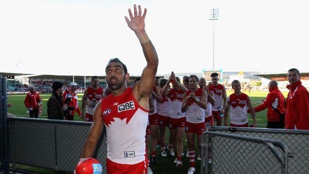 Supreme &#8230; Adam Goodes, above, acknowledges the crowd after inspiring Sydney to a 37-point win over Hawthorn.