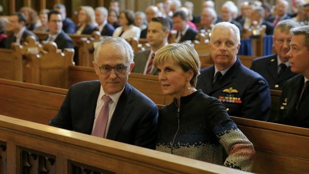 Prime Minister Malcolm Turnbull and Minister for Foreign Affairs Julie Bishop during the ecumenical service to mark the opening of the 45th Parliament on Tuesday morning.