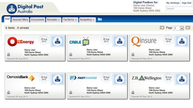 Digital Post Australia ... a screenshot of its mailbox with dummy company names and logos due to its secrecy around launch partners.