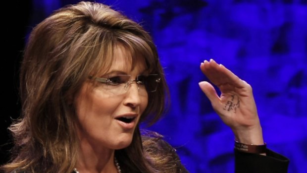Notes on her hand ... Sarah Palin.