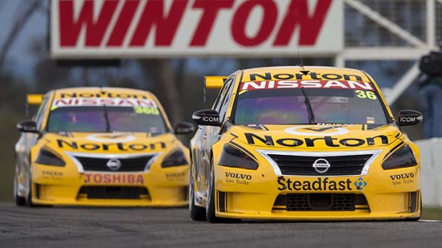 Cruising through: Michael Caruso and Nissan teammate James Moffat in action on Saturday.