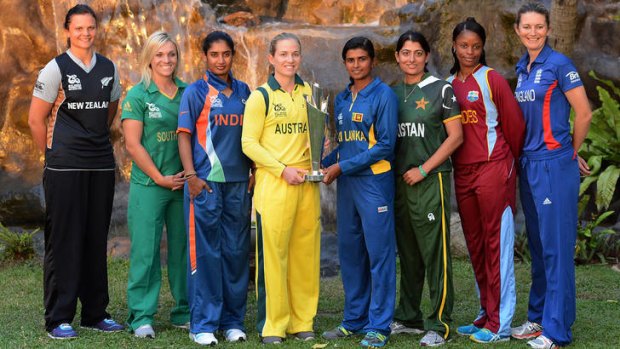 The captains: New Zealand's Suzie Bates, South Africa's Mignon du Preez, India's Mithali Raj, Australia's Jodie Fields, Sri Lanka's Shashikala Siriwardene, Pakistan's Sana Mir, West Indies' Merissa Aguilleira and England's Charlotte Edwards, at the World Twenty20 tournament.