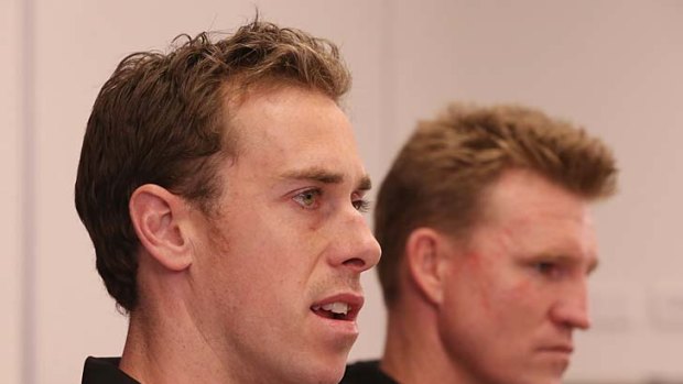 Nick Maxwell and coach Nathan Buckley speak to the media yesterday.