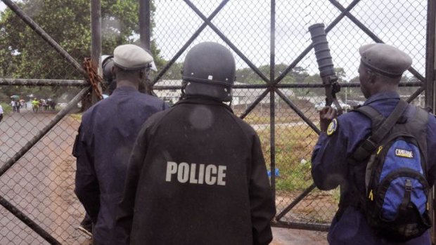 Liberian Police at an Ebola treatment centre in Monrovia.