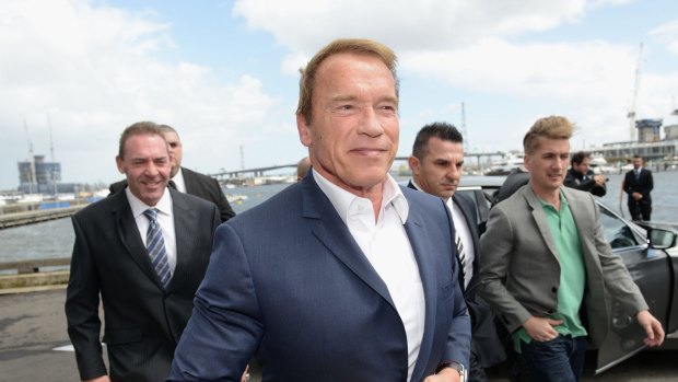 Arnold Schwarzenegger arrives in Melbourne on Friday.
