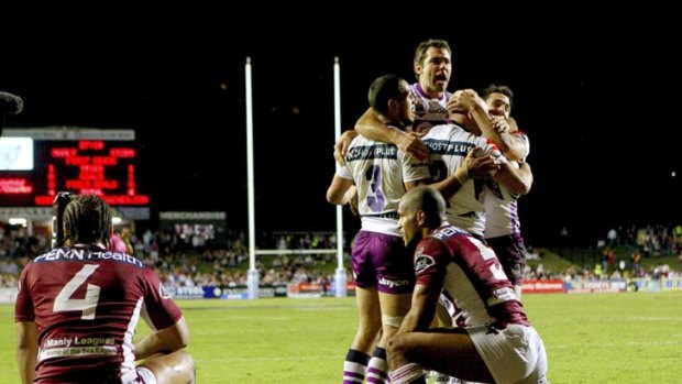 Fortress breached &#8230; Melbourne last beat Manly at Brookvale Oval in 2009. Cameron Smith celebrated a Steve Turner try in the 22-8 victory. The Sea Eagles have won the last two games at the venue.