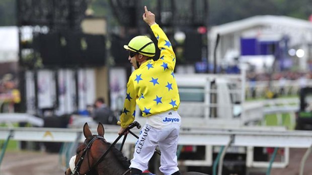 Jockey Christophe Lemaire riding Dunaden after winning the Melbourne Cup.