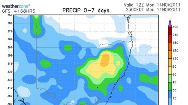 A projection of accumulated rainfall totals over the next seven days.
