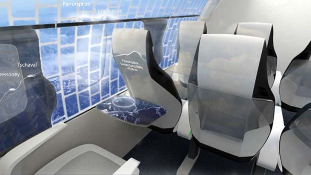 As part of German company TU Dresden's 'Concept Cabin' of the future, the inside walls of the plane?s cabin will be lined with flexible LED screens that can be projected with 3D displays of the terrain below and the environment passengers are flying through.