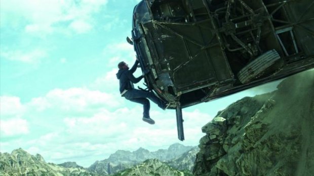 Paul Walker dangles from a bus that will soon hit the bottom of a cliff. Miraculously, no one will be hurt.
