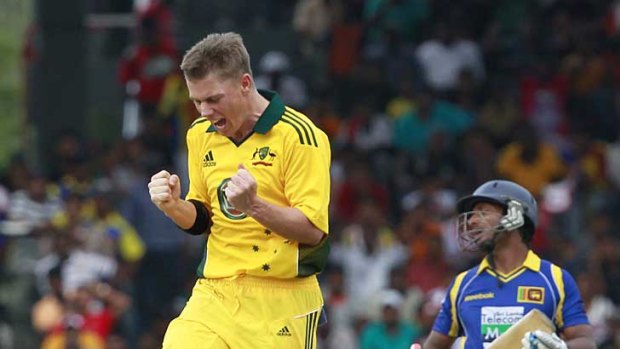 Australia's Xavier Doherty celebrates taking the wicket of Sri Lanka's Kumar Sangakkara in Colombo.