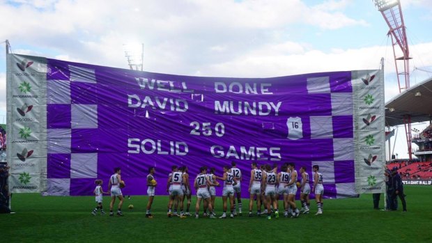 Faint praise: David Mundy's banner 'celebrating' his 250th game.