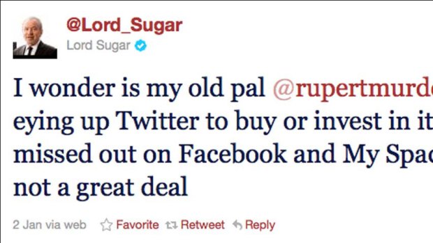 Murdoch's mate, British billionaire Alan Sugar, speculates the 80-year-old may be considering investing in Twitter.