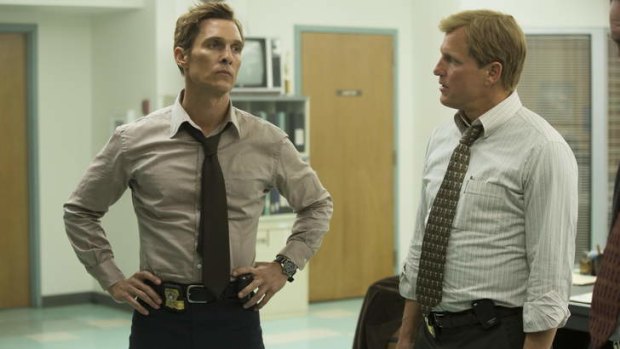 <i>True Detective</i> starring Matthew McConaughey as Rust Cohle and Woody Harrelson as Martin Hart.