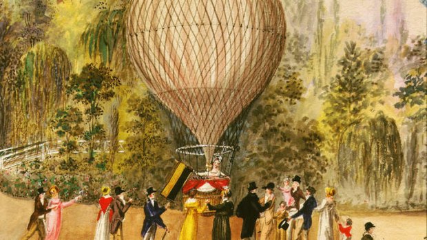 A detail from a watercolour depicting an 18th-century departure from Vienna of the Montgolfiers' balloon.
