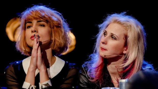 Nadya, left, and Masha of the Russian Punk band Pussy Riot attend a press conference at the Rotterdam International Film Festival.