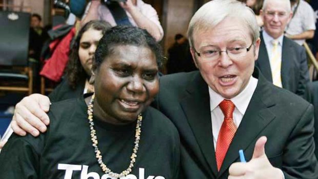 Then prime minister Kevin Rudd with Raymattja Marika after delivering his apology in 2008.