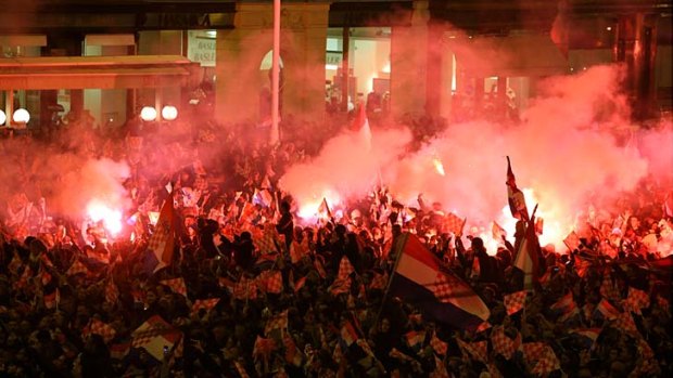 Celebrating ... crowds in Zagreb on Friday.