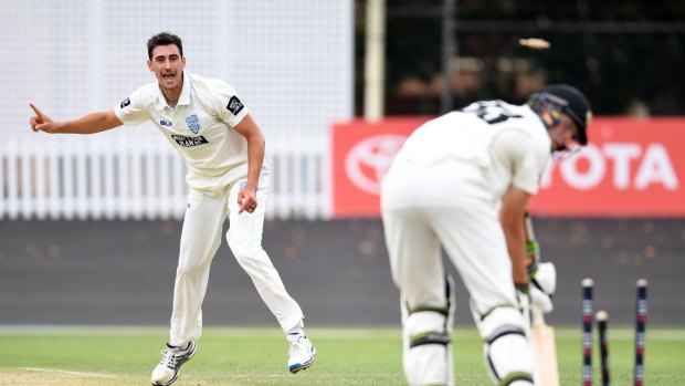 Three of the best: Mitchell Starc celebrates the dismissal of Simon Mackin, the third wicket of his hat trick.