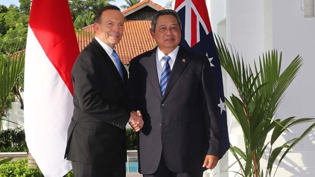 Mending fences: Prime Minister Tony Abbott meets Indonesian President Susilo Bambang Yudhoyono at a resort on Batam Island on Wednesday.