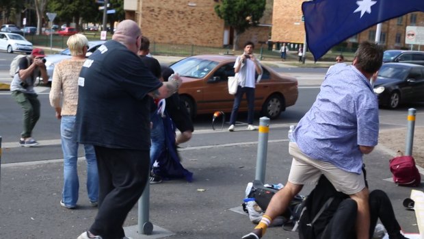 Protesters clash outside a Halal festival in Ascot Vale. 