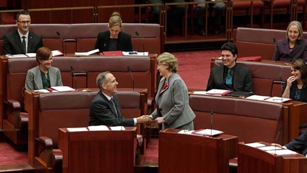 Greens Leader Senator Bob Brown and Greens Deputy Leader Senator Christine Milne during a swearing-in ceremony that saw four new Greens  (back row) in the upper house.