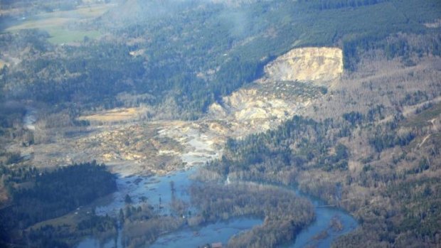 An aerial view of the damming of the Stillaguamish River after Saturday's landslide in Washington state. 