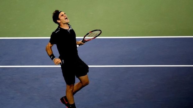 Relief: Roger Federer celebrates after defeating Gael Monfils.