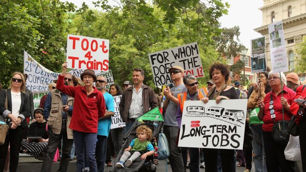Protesters in action at an anti East-West toll road rally on November 15, 2014, in Melbourne