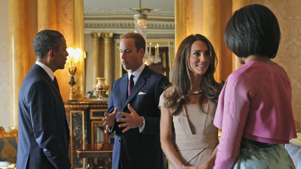 Royal meeting ... Barack Obama chats with Prince William, while Michelle meets Catherine. It was the first time the Obamas had met the newlyweds.