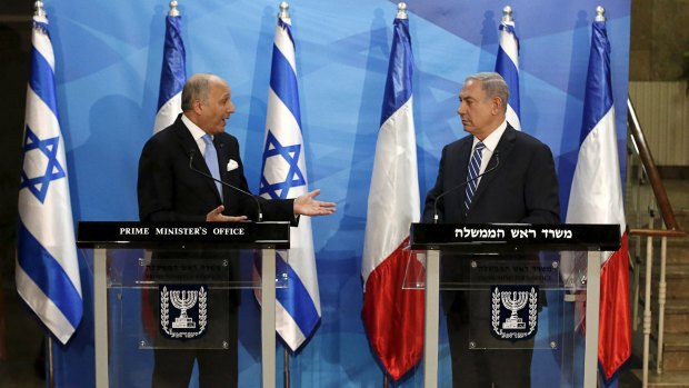 France's Foreign Minister Laurent Fabius and Israel's Prime Minister Benjamin Netanyahu in Jerusalem on Sunday. 