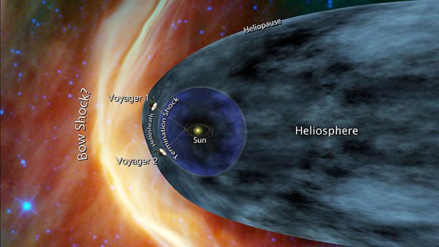 This file artist's concept shows Voyager 1 and Voyager 2 at the edge of the solar system.
