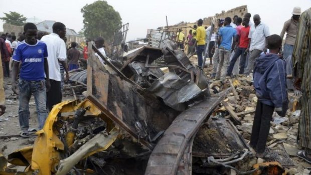 Wreckage from one of two bomb blasts in the Nigerian city of Maiduguri.