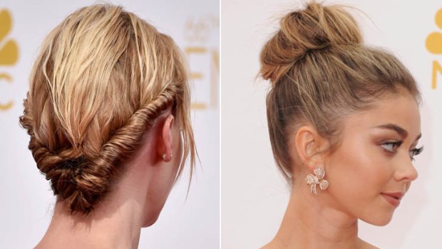 Updo chic: January Jones, left, and Sarah Hyland both had great hairstyles for the 2014 Emmy Awards.