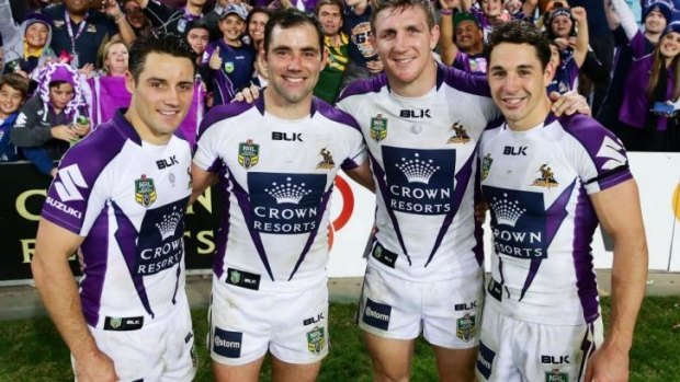 Cooper Cronk, Cameron Smith, Ryan Hoffman and Billy Slater of the Storm celebrate a combined total of 1000 games on Friday night.