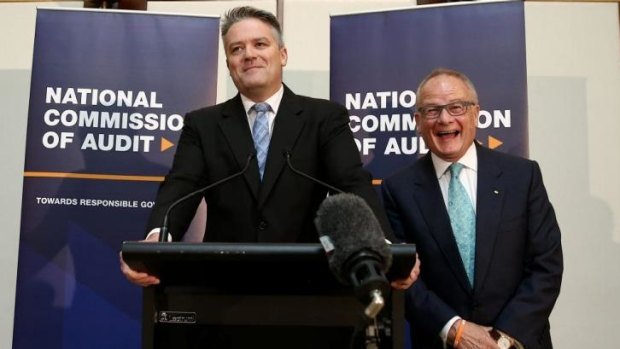 National Commission of Audit chair Tony Shepherd joins in the laughter as Finance Minister Mathias Cormann says "I'll be back" while addressing the media at the release of the National Commission of Audit report.