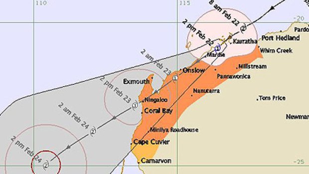 The latest tracking path of tropical cyclone Carlos from the Bureau of Meteorology.