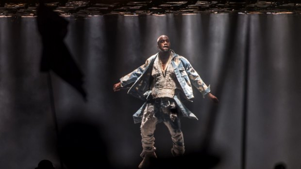 Rapper Kanye West performing at the Glastonbury music festival on Saturday night.
