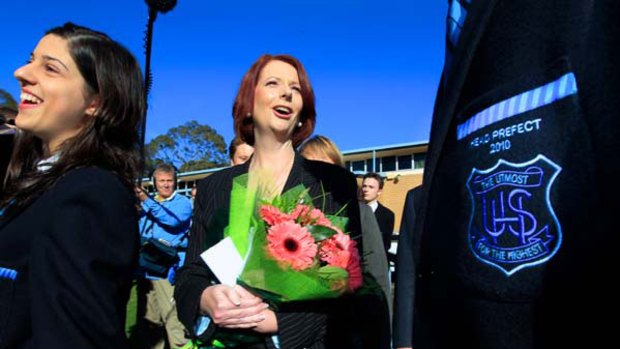 Julia Gillard steps back in time to revisit her old high school in Adelaide, where she got her first taste of leadership as a prefect. <i>Picture: Andrew Meares</i>
