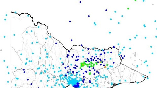 BOM Victoria's map of rainfall recorded across Victoria in last 24 hours.
