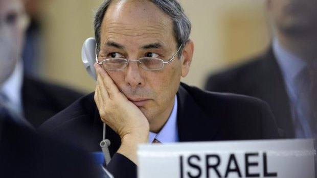 Israel's Ambassador to the UN Eviatar Manor listens to a statement at the United Nations Human Rights Council meeting on Wednesday.