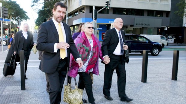 Gerard Baden-Clay's lawyer Peter Shields (left) arrives at court with Gerard Baden-Clay's parents Nigel and Elaine.