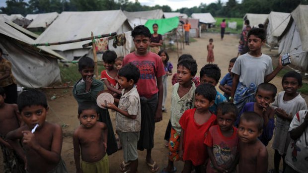 Muslim Rohingyas pictured outside their tents at the Dabang Internally Displaced Persons camp on the outskirts of Sittwe, capital of Myanmar's western Rakhine state.