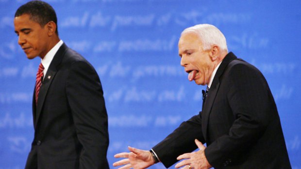 Slip of the tongue: John McCain reacts after almost leaving the  stage the wrong way following his debate with Barack Obama.