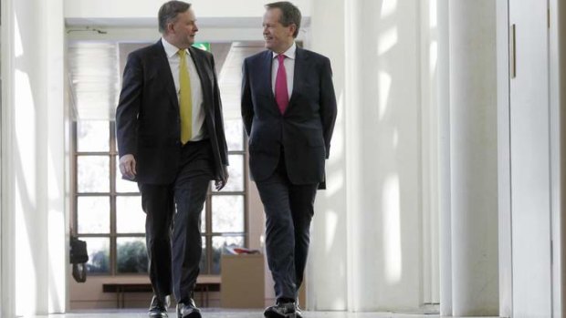 Anthony Albanese and Bill Shorten arrive for the ALP leadership ballot announcement at Parliament House in Canberra on Sunday.
