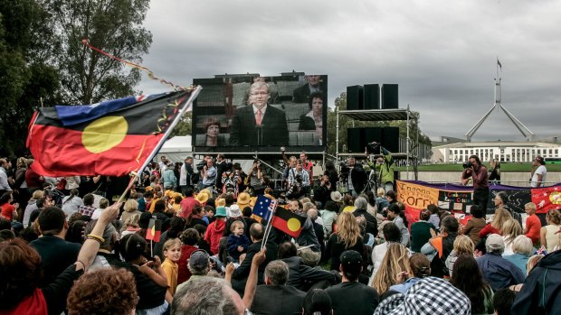 Crowds of people gathered on the lawns in front of Old Parliament House to listen to Rudd's speech.