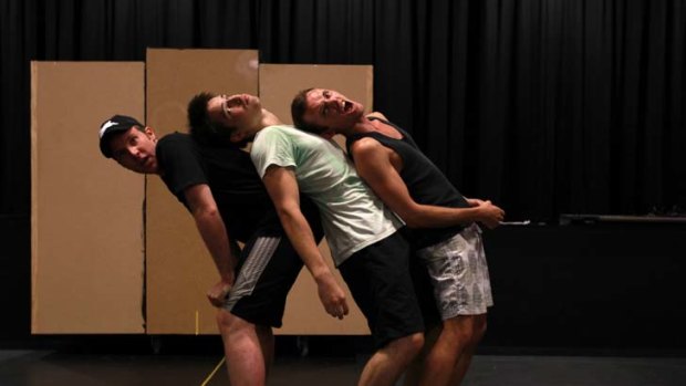 Barrel of fun &#8230; Karl, Gideon and Mark, of Monkey Baa Theatre, rehearse for The Bugalugs Bum Thief, to be staged at the Darling Quarter Theatre.