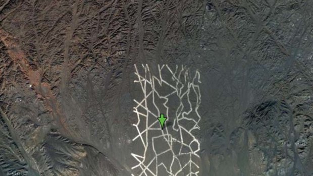 Unidentified objects ... Google Earth images of mystery structures in the Gobi Desert have provoked conspiracy theories, including one about alien spacecraft.