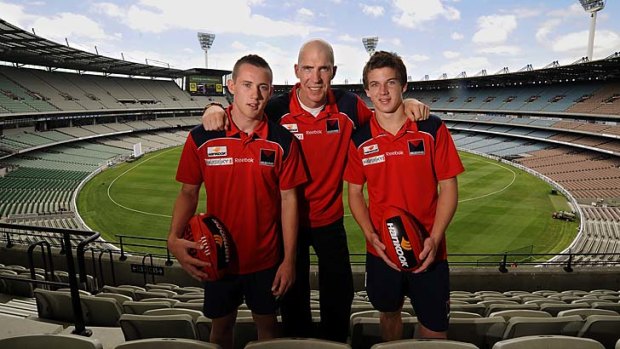 Then club President Jim Stynes with Melbourne's top two selections Tom Scully, left, and Jack Trengove in November 2009.